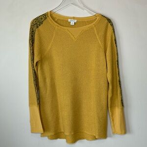 Sundance Waffle Knit Embroidered Sleeves Henley Mustard Yellow Size S